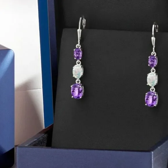 925 Sterling Silver with 5.30 Cttw 3 Stone Amethyst and White Opal Drop Earrings